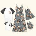 Floral Print Family Matching Sets(Sling V-neck Dresses for Mom and Girl ; Raglan Sleeves T-shirts for Dad and Boy) Dark Grey