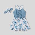 Floral Print Matching Blue Sling Shorts Rompers Blue