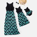 Wave Stripe Matching Stitching Maxi Tank Dresses for Mommy and Me Black