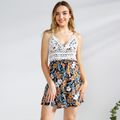 Lace Stitching Floral Print Matching Shorts Rompers Multi-color