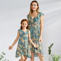 Floral Print Matching Vintage Midi Dresses Turquoise
