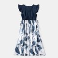 Solid Stitching Floral Print Matching Navy Midi Dresses Dark Blue
