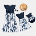 Solid Stitching Floral Print Matching Navy Midi Dresses Dark Blue