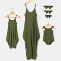 Mosaic Solid Sleeveless Matching Dark Green/Apricot Midi Sling Dresses Dark Green