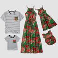 Leaf Print Family Matching Sets( Halter Neck Design Dresses for Mom and Girl ; Striped Short Sleeve T-shirts for Dad and Boy) Red