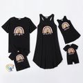 Rainbow Pattern Casual Black Family Matching Sets（Mini Tank Dresses for Mom and Girl ; Loose Short Sleeve T-shirts for Dad and Boy) Black