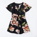 Floral Print Short-sleeve Black Cotton Shorts Rompers for Mommy and Me Black