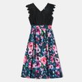 Floral Print Lace Splice Sleeveless Matching Black Midi Tank Dresses Black