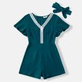 100% Cotton Crepe Lace Splicing Solid V Neck Ruffle Short-sleeve Romper Shorts for Mom and Me Turquoise