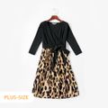 Leopard Print Long Sleeve Splicing Midi Dresses for Mom and Me Black