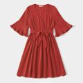 100% Cotton Crepe Solid Half Bell sleeves Matching Red Midi Dresses Red