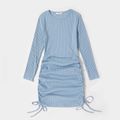 Blue Ribbed Long-sleeve Ruched Drawstring Mini Bodycon Dress for Mom and Me Blue grey