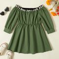 Toddler Girl 100% Cotton Letter Print Off Shoulder Long-sleeve Dress Army green