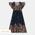 Floral Print Ruffle Sleeve Dress Romper for Mommy and Me Royal Blue
