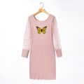 Ribbed Butterfly Print Mesh Long-sleeve Matching Pink Midi Dresses Pink
