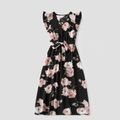 Floral Print Black Family Matching Sets(Ruffle Sleeve Dresses for Mom and Girl;Striped Short Sleeve T-shirts for Dad and Boy) Black