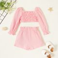 2-piece Toddler Girl 100% Cotton Square Neck Ruffle-sleeve Solid Smocked Top and Paperbag Shorts Set Pink