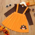2-piece Toddler Girl Thanksgiving Ruffled Long-sleeve Solid Top and Polka dots Turkey Embroidery Suspender Skirt Set Brown