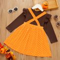 2-piece Toddler Girl Thanksgiving Ruffled Long-sleeve Solid Top and Polka dots Turkey Embroidery Suspender Skirt Set Brown
