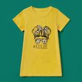 Letter Print Short Sleeve Cotton Mini Dresses for Mommy and Me Yellow