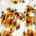Sunflower Print White Short Sleeve Dresses with Waist Tie for Mommy and Me White
