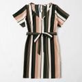 Stripe Series Short Sleeve Dresses with Waist Tie for Mommy and Me Multi-color