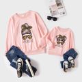Letter Leopard Print Long Sleeve Sweatshirts for Mommy and Me Light Pink image 2