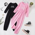 Fashionable Kid Girl Letter Print Zipper Long-sleeve Waisted Jumpsuits Pink