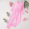Fashionable Kid Girl Letter Print Zipper Long-sleeve Waisted Jumpsuits Pink