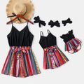 100% Cotton 2pcs Multicolor Splicing Sling Shorts Romper With Headband for Mom and Me Black
