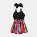 100% Cotton 2pcs Multicolor Splicing Sling Shorts Romper With Headband for Mom and Me Black