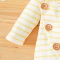 Baby Girl Striped Ribbed V Neck Long-sleeve Button Jumpsuit Yellow