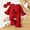 Ribbed 2pcs Solid Red Flare-sleeve Bowknot Baby Jumpsuits Set Red