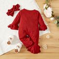 Ribbed 2pcs Solid Red Flare-sleeve Bowknot Baby Jumpsuits Set Red