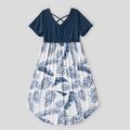 Leaves Print Navy Blue Short Sleeve Splicing Midi Dress for Mom and Me Navy