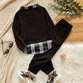 2-piece Toddler Boy Lapel Collar Plaid Faux-two Top and Black Elasticized Pants Set Black/White