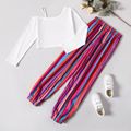 2-piece Kid Girl Letter Print Striped Long-sleeve One Shoulder Strap Top and Striped Pants Set Multi-color
