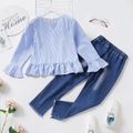 2-piece Kid Girl Striped Bell sleeves Ruffle Hem Blouse and Ribbed Denim Jeans Set Multi-color image 2