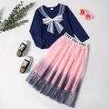 2-piece Kid Girl Striped Bowknot Embroidery Sailor Collar Pattern Long-sleeve Top and Letter Print Star Glitter Tulle Skirt Set Royal Blue image 1