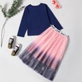 2-piece Kid Girl Striped Bowknot Embroidery Sailor Collar Pattern Long-sleeve Top and Letter Print Star Glitter Tulle Skirt Set Royal Blue image 3