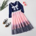 2-piece Kid Girl Striped Bowknot Embroidery Sailor Collar Pattern Long-sleeve Top and Letter Print Star Glitter Tulle Skirt Set Royal Blue image 2