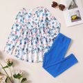 2-piece Kid Girl Floral Print Long-sleeve Top and Solid Leggings Set Blue