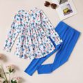 2-piece Kid Girl Floral Print Long-sleeve Top and Solid Leggings Set Blue image 2