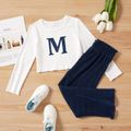 2-piece Kid Girl Letter Print Ribbed Long-sleeve Crop Top and Solid Paperbag Pants Set White