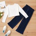 2-piece Kid Girl Letter Print Ribbed Long-sleeve Crop Top and Solid Paperbag Pants Set White