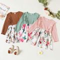 Toddler Girl Flounce Floral Print Stitching Ribbed Long-sleeve Dress Pink