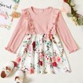 Toddler Girl Flounce Floral Print Stitching Ribbed Long-sleeve Dress Pink