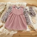 2pcs Solid Corduroy and Leopard Print Long-sleeve Romper Baby Set Pink
