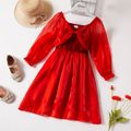 Kid Girl V Neck Bowknot Design Ruffle-sleeve Party Mesh Red Dress Red image 1