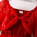Kid Girl V Neck Bowknot Design Ruffle-sleeve Party Mesh Red Dress Red image 3